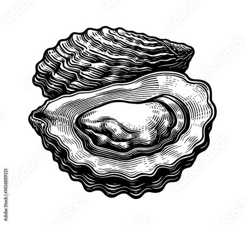 Detailed Engraved Illustration of Two Fresh Oysters, One Open to Reveal the Pearl Inside