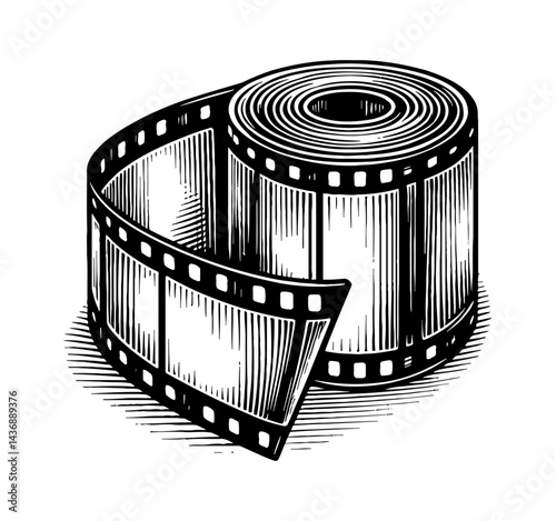 Illustration of Rolled Film Strip in Black and White Detailed Engraved Line Art Style