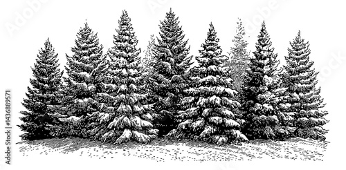 Detailed Engraving Style Illustration of Evergreen Trees in a Forest Landscape