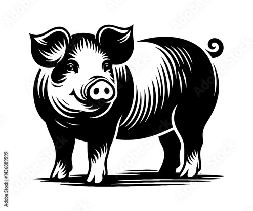 Monochrome Illustration of a Smiling Pig Standing with Curly Tail in Black and White