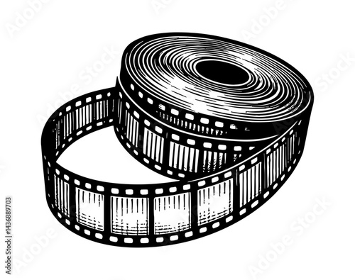 Detailed Black and White Engraving Illustration of a 35mm Film Reel with Perforations and Frame