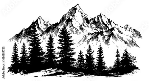 Mountain range and pine trees forest landscape in detailed black and white outline line art