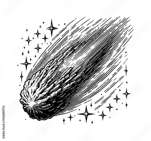 Detailed Engraving Style Illustration of a Comet with Starry Trail