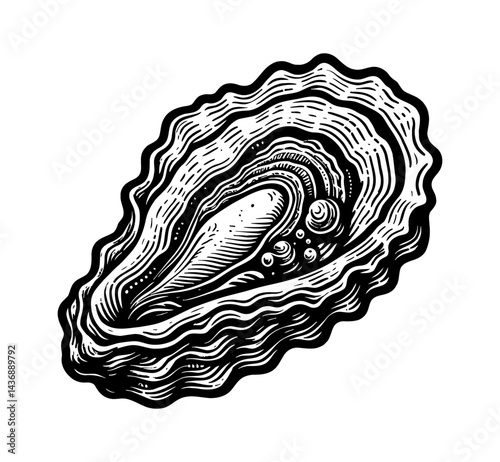 Detailed Black and White Engraving Style Illustration of an Oyster Isolated on White