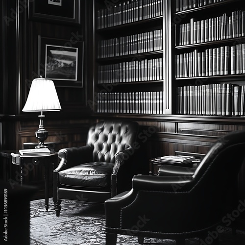 Dark, opulent library with leather armchairs and antique books. photo