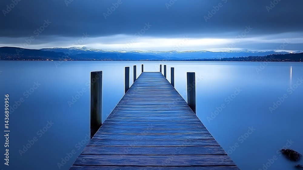Obraz premium Mystical allure of a twilight pier stretching over tranquil waterscape