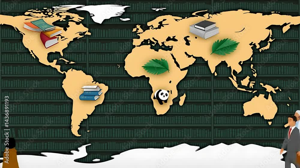 Global Knowledge.  Stacks of books on a world map, showcasing knowledge worldwide