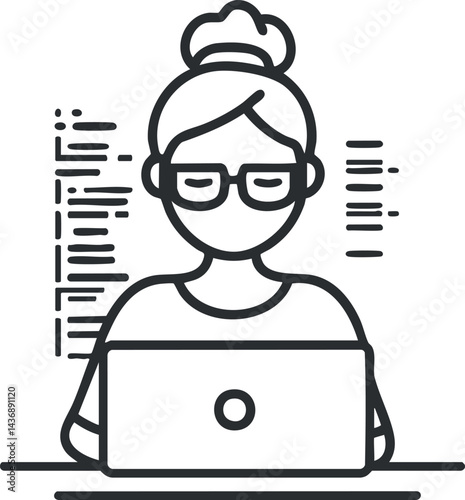 Outline illustration of a woman wearing glasses working on a laptop with data lines in background