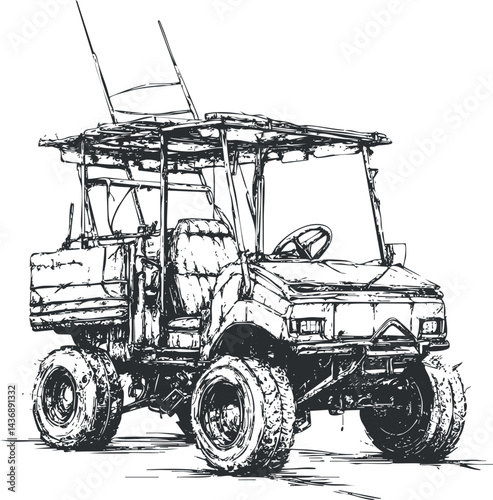 Black and white sketch of an offroad utility golf cart with large tires and open sides