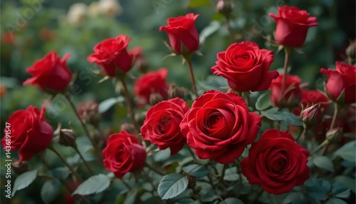Blooming Red Roses in Garden Setting with Green Foliage