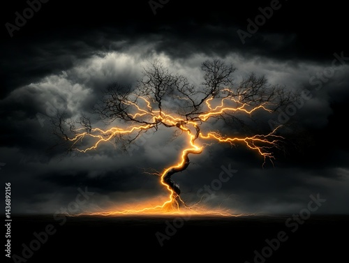 Stormy, lightning-struck tree against a dark, dramatic sky. photo