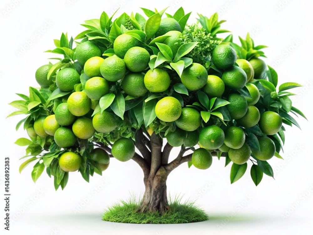 Fototapeta premium Fresh Lime Tree Isolated, White Background, Studio Shot, Vibrant Green Citrus, Healthy Food Photography