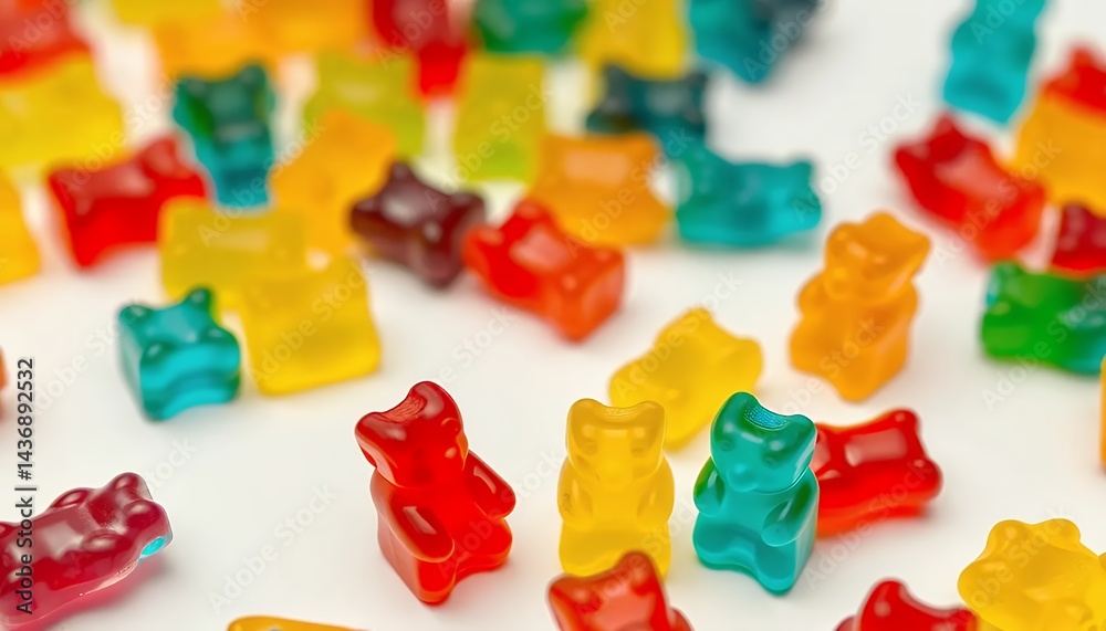Naklejka premium Colorful Gummy Bears Assortment Isolated on White Screen Background Featuring Red Yellow Green and Brown Candies Perfect for Ads Promotion and Sweet Designs