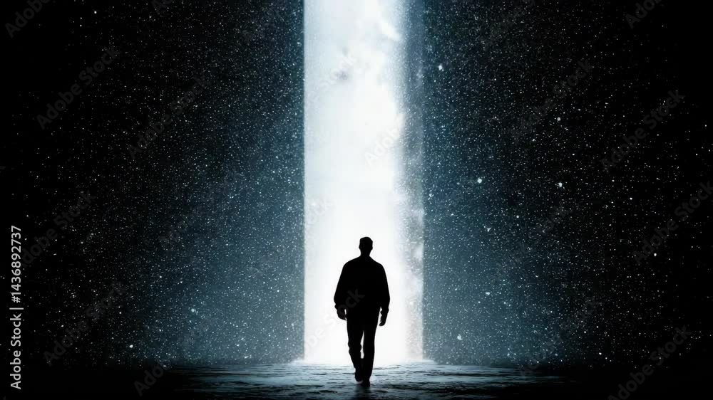 Silhouette of a man walking toward a bright light against a starry sky, evoking themes of afterlife, hope, and cosmic journey Silhouette of a man walking toward a bright light against a starry sky, evoking themes of afterlife, hope, and cosmic journey