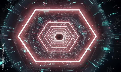 Neon Hexagon Tunnel with Digital Particles and Glowing Effects  