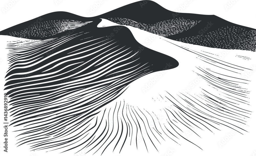 Black and white illustration of sand dunes in a desert landscape showing natural patterns and textures