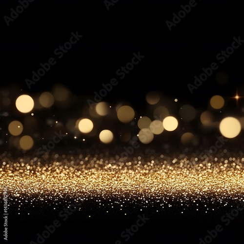 Shimmering golden glitter dust and out of focus bokeh lights against a dark black background for celebration