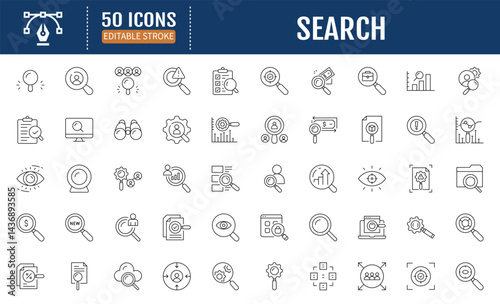 Search line editable icon set. Containing Seo, digital marketing, data analysis, find, management and more. Vector Illustration
