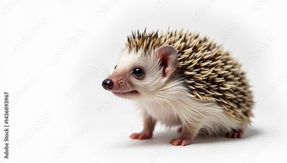 Fototapeta premium Close-up of a single hedgehog on seamless white backdrop, isolated, hedgehog picture, wildlife photography