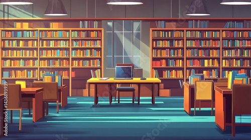 Spacious library interior with bookshelves and study area. photo