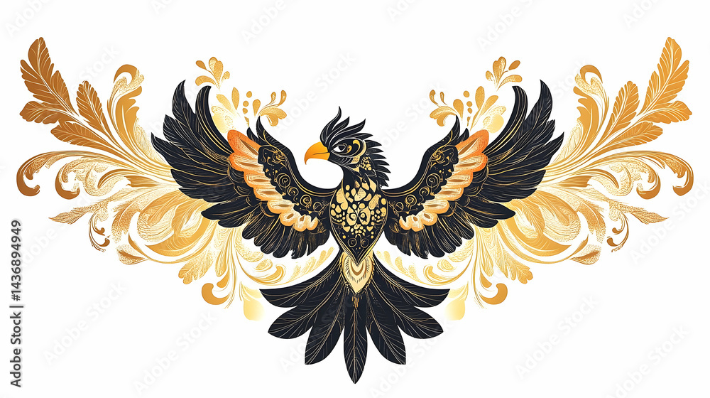Obraz premium Ornate design of a majestic bird in flight, outlined in gold.