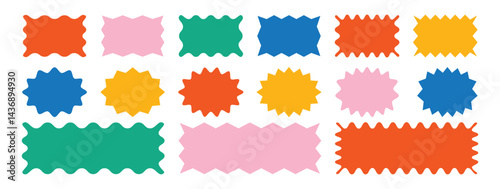 Set of zigzag and wavy edge stickers in rectangle, oval and circle shapes. Vector jagged geometric designs. Zig zag colorful frame