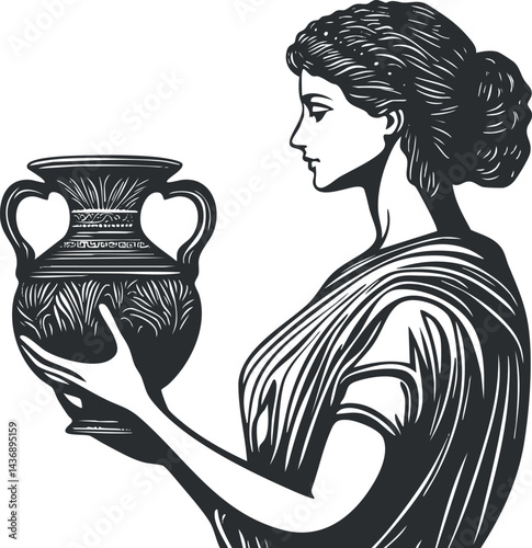 Black and white illustration of an ancient Greek woman in profile holding a decorated amphora vase