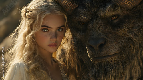 A young woman and a beast close together in a  romantic scene.