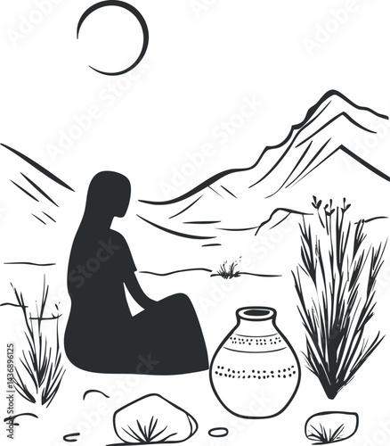 Silhouette of a woman sitting peacefully in a natural desert landscape with mountains and pottery nearby