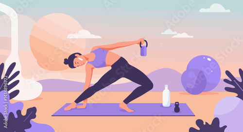A woman practicing yoga with a kettlebell on a mat outdoors at sunrise in a colorful abstract landscape surrounded by nature elements