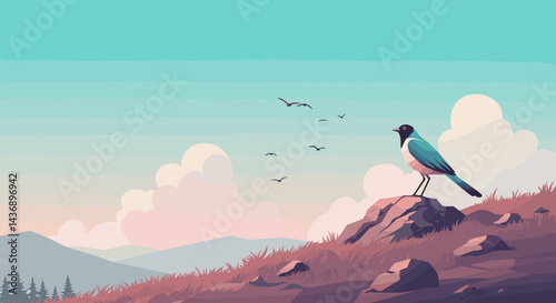 Beautiful serene landscape illustration of a bird perched on a rock with a pastel sunset sky, distant mountains, and flying birds creating a peaceful and dreamy atmosphere