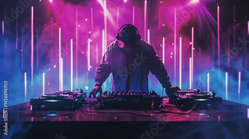 A DJ electrifies the crowd with music at a colorful, vibrant night party scene. DJ Rocks Party.DJ playing music at mixer on colorful foggy background