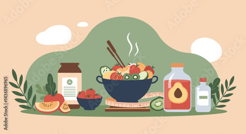 Colorful healthy food illustration featuring a steaming bowl of fresh fruits and vegetables, bottles of juice and supplements, promoting clean eating and nutritious lifestyle