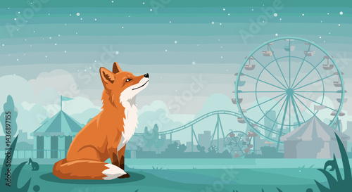 Adorable fox sitting peacefully in a dreamy amusement park under a starry night sky with ferris wheel and roller coaster in the background