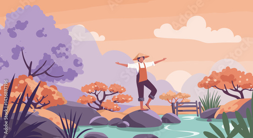 Peaceful countryside scene with a happy farmer balancing on a rock surrounded by colorful autumn trees and a flowing river under a warm sunset sky