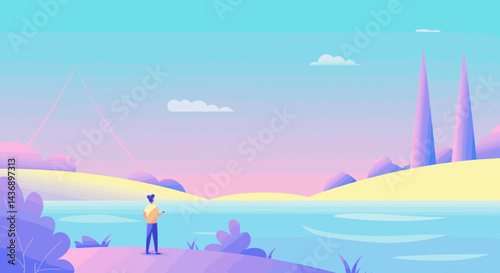 A person standing peacefully by a calm lake surrounded by colorful hills under a pastel sky at sunset