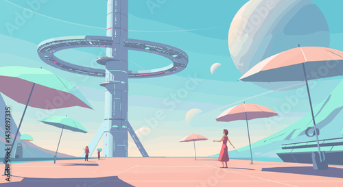Futuristic landscape illustration with people under colorful umbrellas near a giant sci-fi tower and planets in the sky
