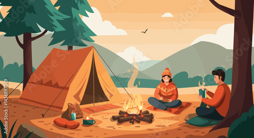 Happy campers enjoying a cozy evening around a warm campfire with a tent set up in a scenic forest and mountain landscape during sunset