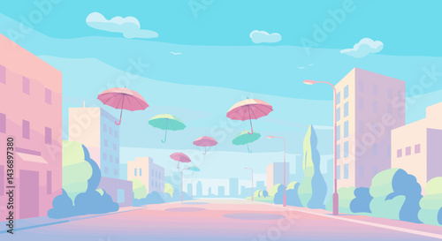 Colorful umbrellas floating above a pastel city street with bright blue skies and soft clouds creating a dreamy and whimsical urban atmosphere