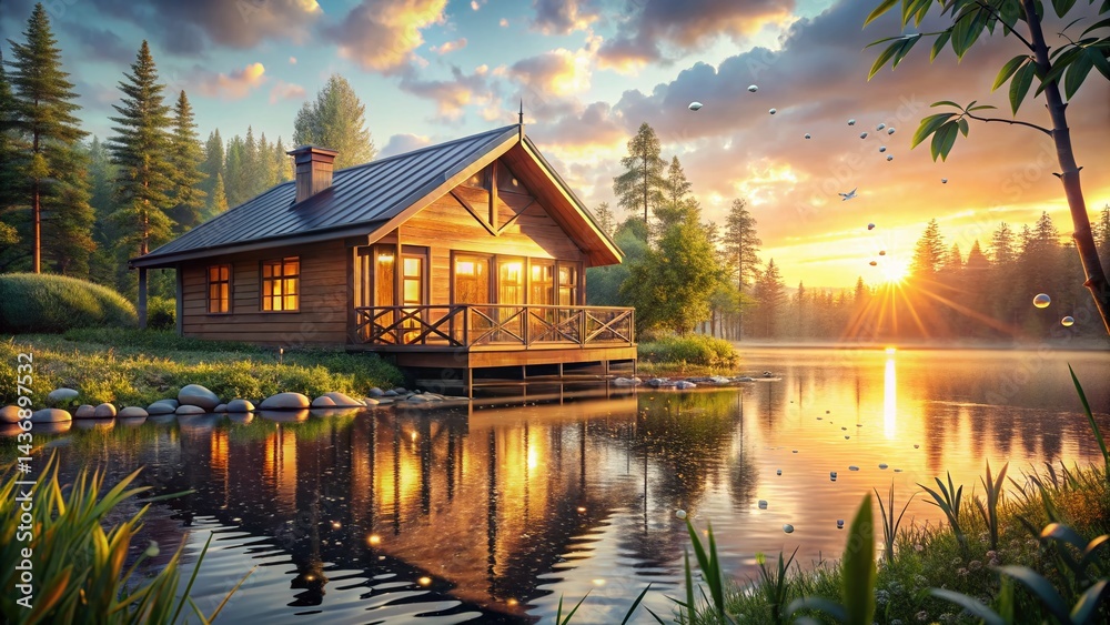 Fototapeta premium Golden Sunset Over Lake Cabin - Idyllic Lakeside Retreat 3D Render