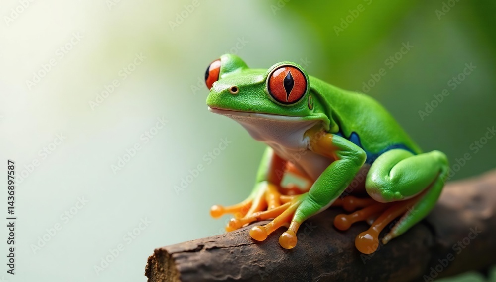 Obraz premium Green tree frog perched on white, vibrant skin, wildlife, white, tree frog
