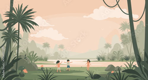 Children playing happily by the river in a lush tropical forest surrounded by palm trees and mountains under a warm sunset sky