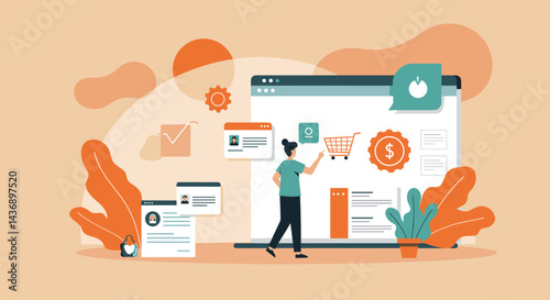 E-commerce business management illustration showing a woman interacting with online shopping elements and digital marketing tools in a modern flat design style