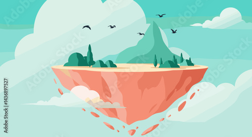 A magical floating island with green trees and mountains surrounded by clouds and flying birds in a serene sky