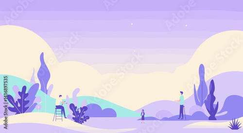 Family spending time outdoors in a peaceful abstract landscape surrounded by colorful hills and dreamy plants under a soft twilight sky