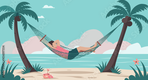A relaxing summer scene of a man lying in a hammock tied between two palm trees on a tropical beach with calm ocean waves and soft pastel clouds in the background