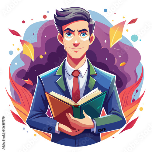 Man in suit holding open book, cosmic background