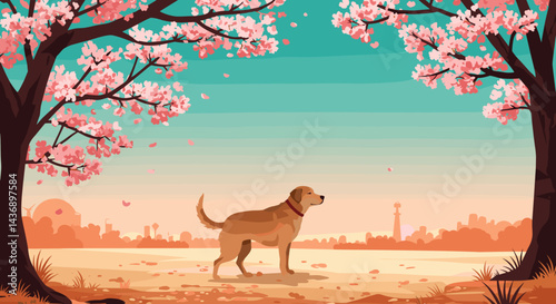 A beautiful dog standing under cherry blossom trees with falling petals in a peaceful sunset landscape featuring a soft gradient sky and distant city view