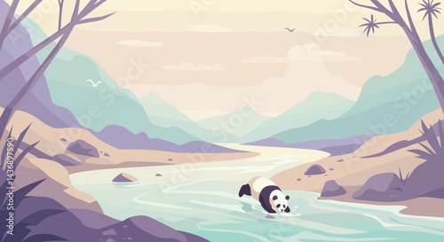 A serene river scene with a playful panda drinking water surrounded by pastel mountains and soft skies
