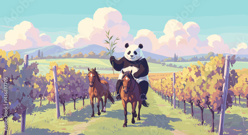 A cheerful panda rides a horse through colorful vineyard rows under a bright sky while holding a bamboo branch in a playful countryside scene